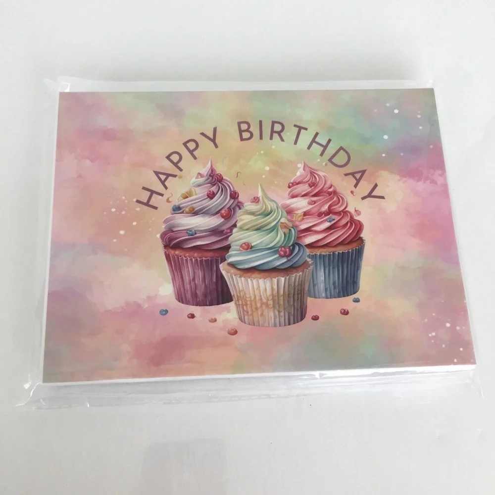 Assortment of 20 Cupcake Birthday Cards Pastel Pink Purple With Envelopes NEW